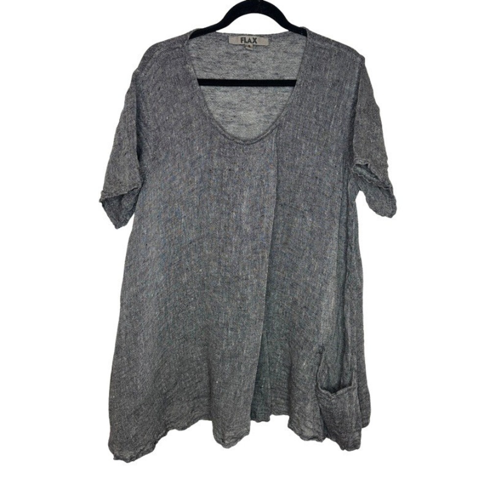 FLAX Grey 100% Linen Short Sleeve Tunic Top Scoop Neck Pocket Small Lagenlook